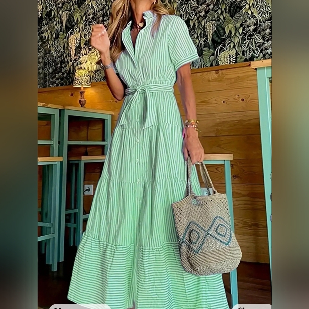 Striped Mint Green Maxi Dress with Waist Tie